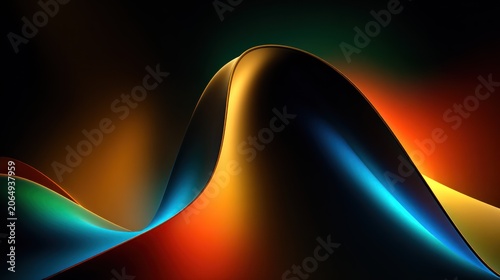 Smooth, undulating dark surface showcases vibrant iridescent light reflections against a deep background