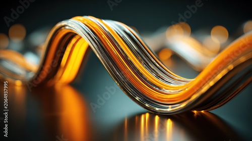 Smoothly undulating bundle of metallic and bright orange filaments stretches across a dark surface.