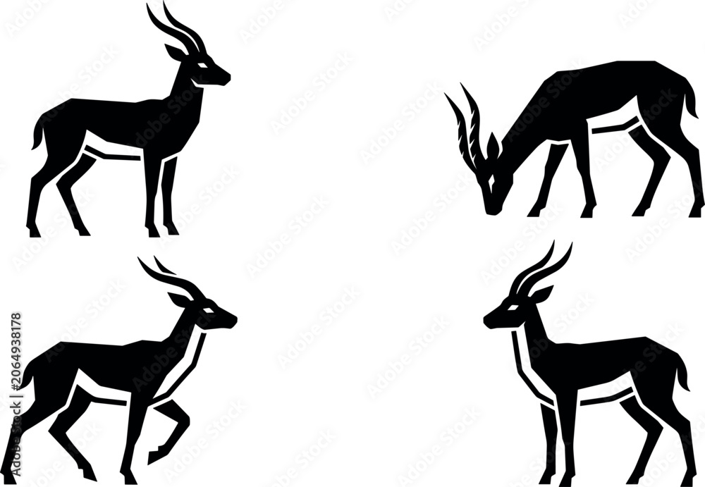 Fototapeta premium Antelope silhouette vector set featuring wild gazelle characters in standing running and grazing poses isolated on white background
