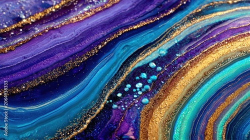 Striking bands of vibrant blue, deep purple, and shimmering gold flow together in an abstract fluid design.