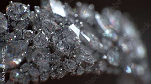 Many brilliantly cut clear gemstones are closely clustered together in a sparkling arrangement.