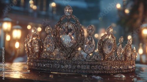 Ornate diamond encrusted regal headpiece rests upon a surface with warm background illumination