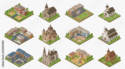 Schilderij op canvas Isometric Village Scenes with Historic Churches.