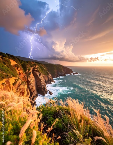 A rocky coastline during a stormy sunset with lightning (2)