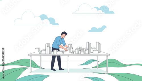 Man wearing a cyan shirt arranging small white architectural model buildings on a table with a green tropical leaf pattern floor for urban planning and design.