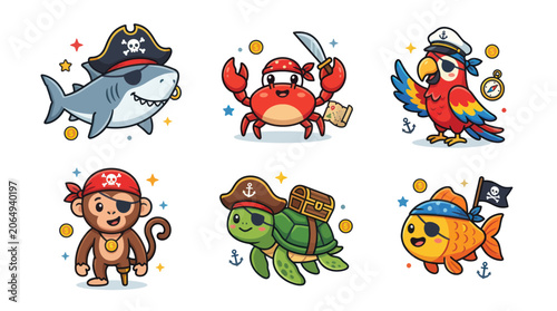 Photography Cute pirate animals collection with sea creatures and monkey