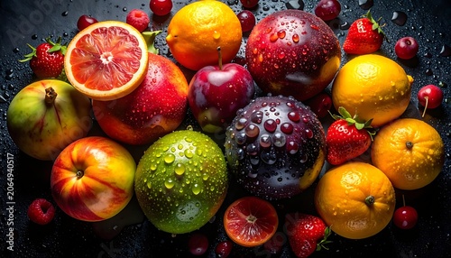 A vibrant arrangement of fresh fruits on a dark background (7)