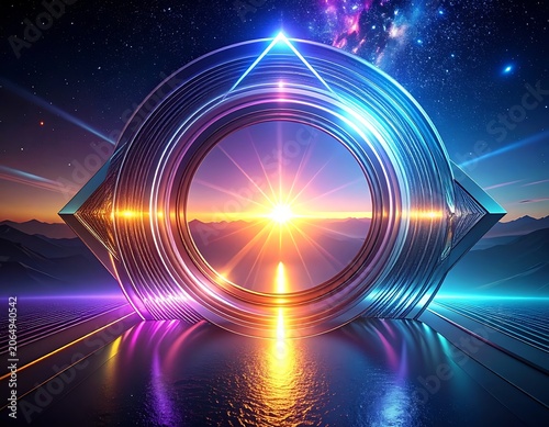 A vibrant, futuristic portal glows brightly on a reflective surface