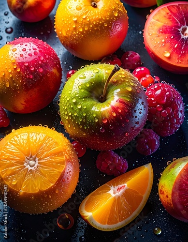 Fresh mixed fruits with water droplets on a dark surface