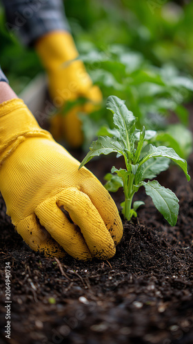 Gardener planting young tomato seedling in rich soil during sunny day