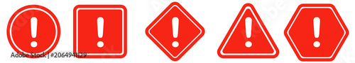 Photos Set of round, square, rhombic, triangular and hexagonal red road signs with exclamation point