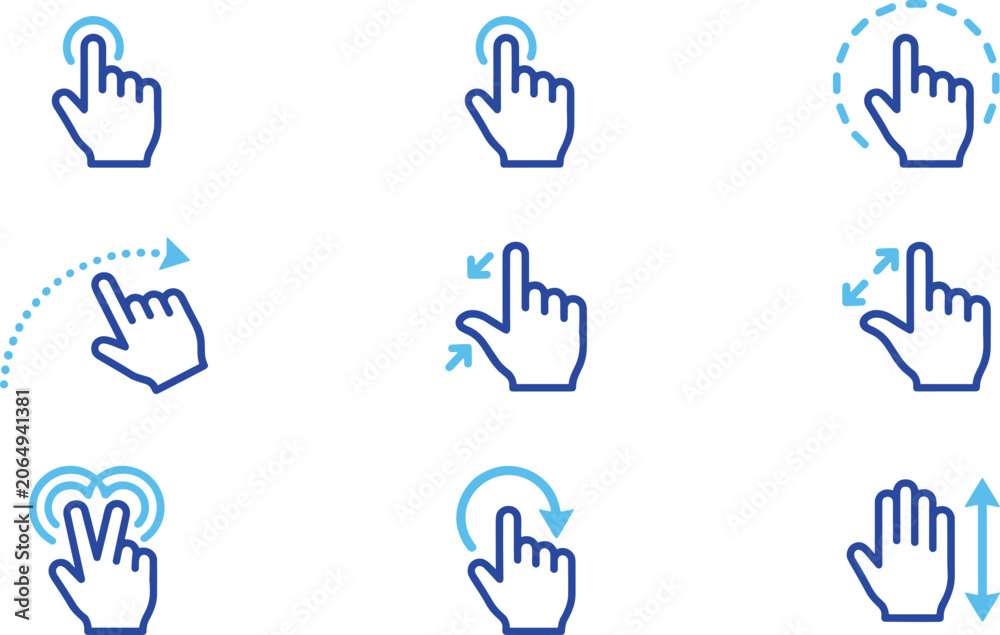 Fototapeta premium Touch screen hand gestures line icon set featuring blue multi touch swipe pinch zoom tap scroll and click vectors