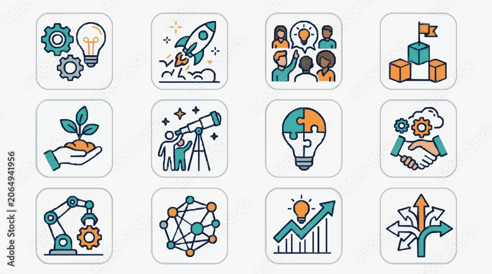 Fototapeta premium Dynamic Framework for Innovation Growth and Collaborative Success Strategies with high professional line art symbols for modern creative design and digital branding projects