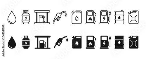 Foto Industrial oil gas and energy fuel icons set in line and solid style with indust