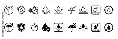 Bild auf Leinwand Waterproof and weather resistance label icons for product packaging with waterpr