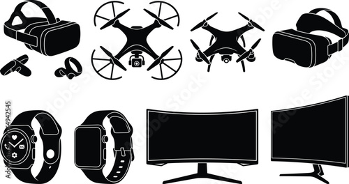 Photos Modern Smart Technology Silhouette Vector Set Featuring Virtual Reality Headset