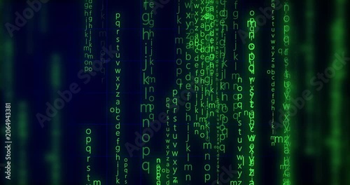 Neon Encrypted Digital Katakana Matrix Rain Alphabets Text. Dark technological backdrop evokes theme of Data Science, AI AGENTS, Communication. Ceaser text shown in e2e encryption. Sci-fi gaming bg
