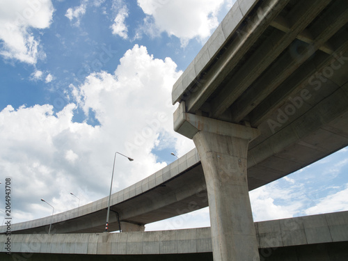 Concrete elevated highway overpass, with its large supporting pillars and streetlights installed along its curved structure, is set against a backdrop of a clear blue sky with white clouds.