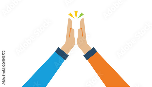 Two hands performing high five gesture with blue and orange sleeves and yellow light burst above in flat vector style.