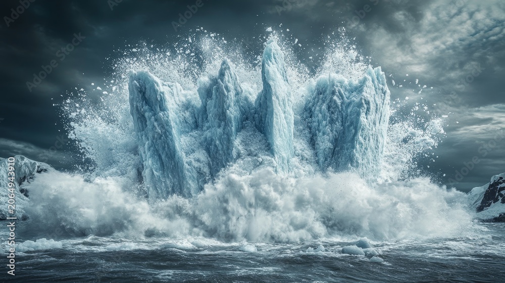 Obraz premium Majestic icebergs rise from turbulent ocean waves under a dramatic sky, illustrating nature's raw power