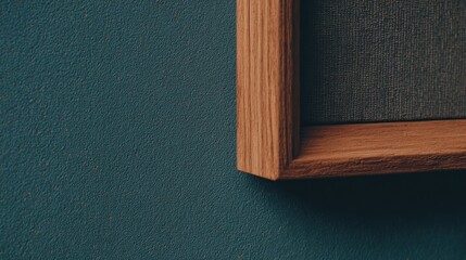 Wooden picture frame corner rests against a textured teal wall surface