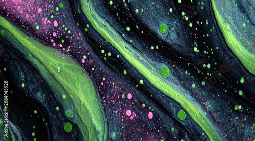 Glowing cosmic swirls with luminous green veins and scattered pink dots