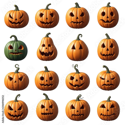 Set of carved halloween jack o lantern pumpkins as isolated element