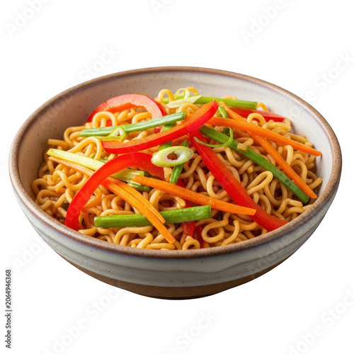 Stir fried noodles with fresh vegetables in a ceramic bowl as PNG cutout