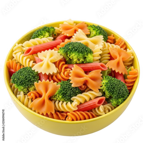 Healthy colorful vegetable pasta salad in yellow bowl as isolated object