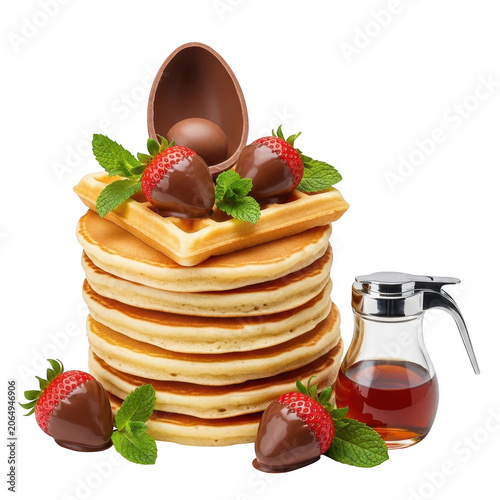 Pancake stack with chocolate covered strawberries as PNG cutout