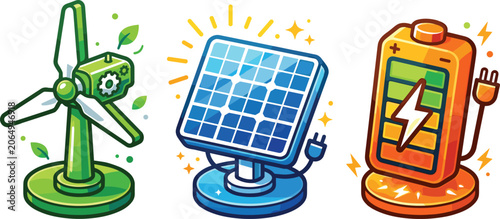 Fotografie Renewable Green Energy Vector Icon Set with Wind Turbine Solar Panel and Fully C