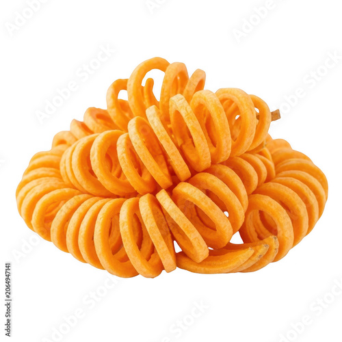 Crispy golden curly fries pile as transparent PNG