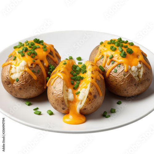 Three baked potatoes topped with melted cheese and chives as isolated element