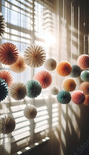 Warm colorful paper decorations hanging in a bright room with blinds