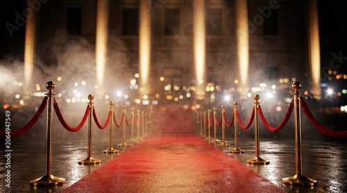 Red Carpet Event Entrance with Golden Stanchions and Lights