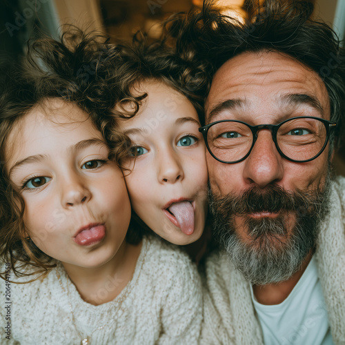 Cozy family moment with playful kids and bearded dad. Children tease with silly expressions, eyes wide and joyful. Warm lighting highlights textured knitwear and tousled curls