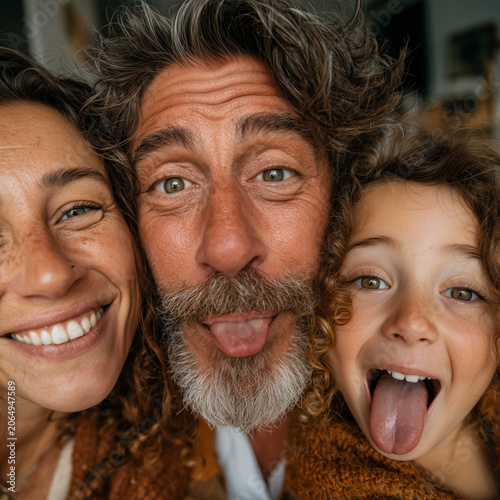 Warm family selfie with playful tongues and joyful smiles. Curly hair and earthy tones create cozy, candid vibe. Perfect for home, parenting, or joyful family moments