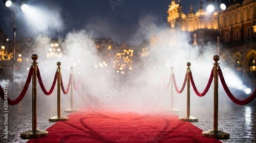 Red Carpet Event with Velvet Ropes and City Lights Backdrop