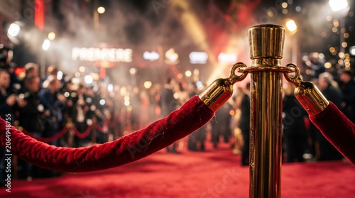 Red Carpet Premiere Event with Velvet Ropes and Golden Stanchions