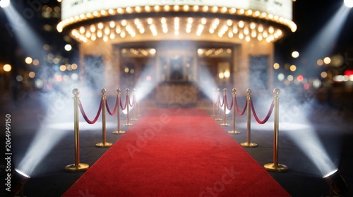 Red Carpet Premiere Entrance at Night with Glowing Marquee