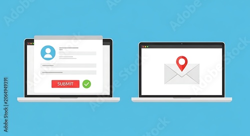 Two laptops display a login form and a map marked location respectively