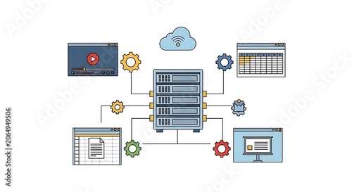A detailed diagram showing a server connected to various devices and gears, representing a network system with technology and machinery elements.