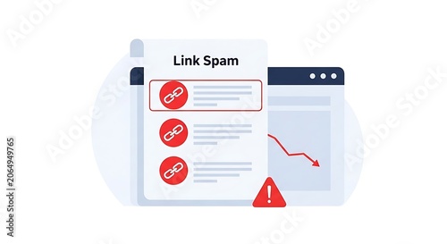 A graphic illustration shows a browser warning about link spam on a webpage with a declining graph.