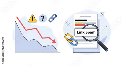 A graph shows a downward trend with warning signs and a magnifying glass inspecting a link labeled spam.