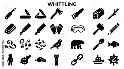 Photos Whittling hobby tools and symbols collection diverse icons set for crafting and