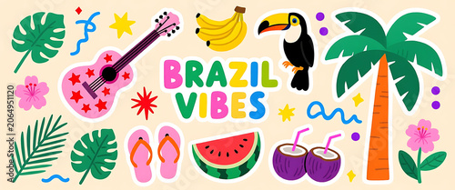 Tropical brazil vibes sticker set with toucan palm tree and summer elements.