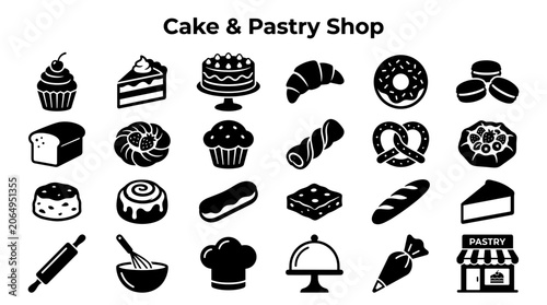 Schilderij op canvas Collection of delicious cake and pastry shop icons and illustrations representin