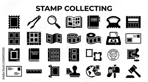 Obraz na plátne Stamp collecting hobby icons and symbols illustration for philately and postal s