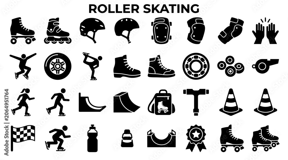 Obraz premium Collection of roller skating icons and symbols representing various aspects of roller sports and activities on a white background