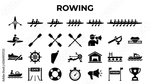 Canvastavla Rowing sport icons set depicting boats oars equipment and race elements for comp